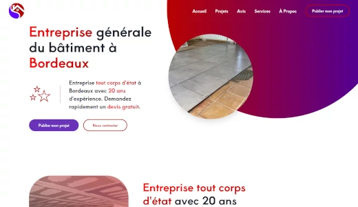 Page d'accueil du site vitrine d'une entreprise générale du bâtiment à Bordeaux